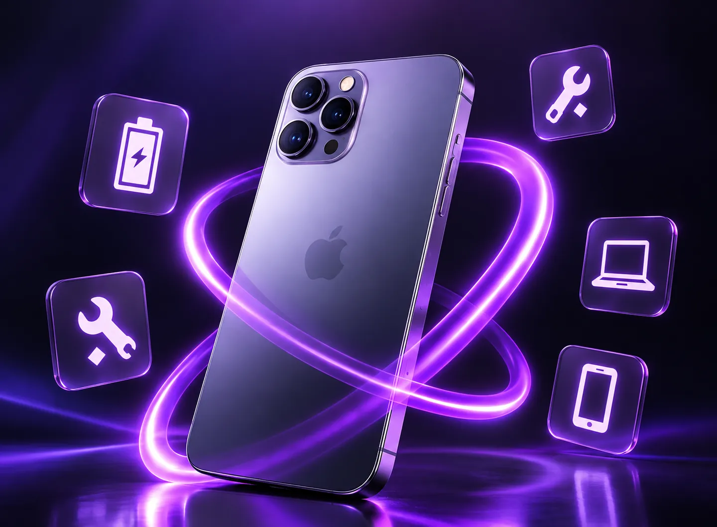Un smartphone en 3D entouré d’un anneau violet lumineux, avec des icônes de réparation : batterie, clé, ordinateur portable et téléphone.